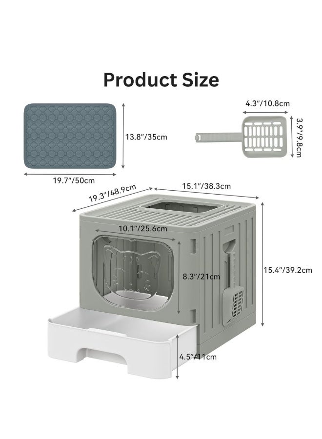 م اكس م صندوق فضلات القطط والحيوانات الأليفة كبير مع غطاء، صندوق فضلات قابل للطي مع درج قابل للسحب، صينية مرحاض القطط المضادة للرذاذ، تصميم سهل التنظيف مع مغرفة وفرشاة رمادي/أبيض (رمادي، كبير) - Image 2